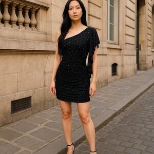 Taboo Black Sparkle Ruched One Shoulder Dress Sz M